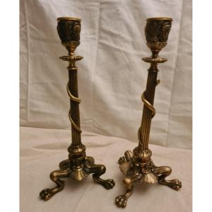 Pair Of Bronze Candlesticks With Serpent