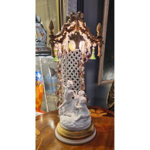 Table Lamp, Cage-shaped, In Bisque Porcelain And Bronze, Late 19th Century