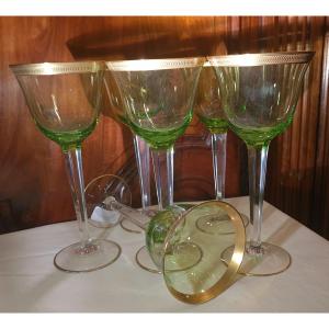 Six Green Crystal Goblets