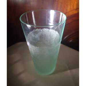 Frosted Green Crystal Orangeade Glass, Signed Daum Nancy France, Cross Of Lorraine