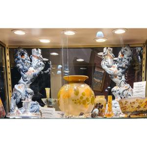 Pair Of Lion Candlesticks, Emile Gallé, Earthenware, Saint-clément Factory, Late 19th Century