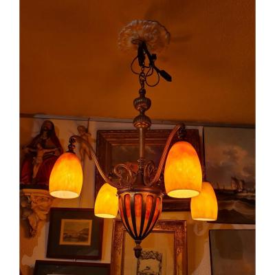 Pate De Verre Chandelier, Daum (4 Tulips Shell) Bronze Mount