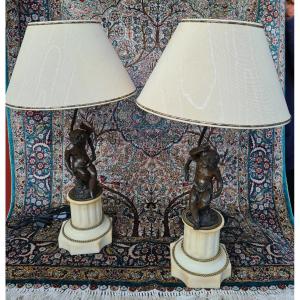 Pair Of White Marble Lamps And Bronze Cherubs