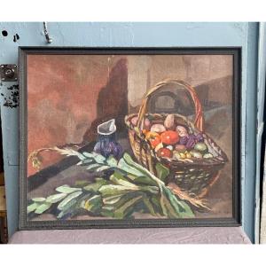 Still Life With Basket Of Vegetables. Signed And Dated 1920.