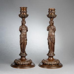 Pair Of Barbedienne Bronze Candlesticks, 19th Century