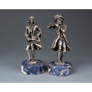 Pair Of Bronze Musicians On A Lapis Lazuli Base, 19th Century