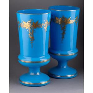Pair Of Blue Opaline Vases, 19th Century