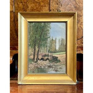 Oil On Panel, View Of A Bridge, 20th Century