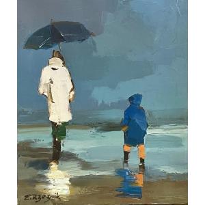 Walk On A Normandy Beach, Oil On Canvas By Ewa Rzeźnik (born In 1969)