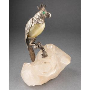 Bird In Solid Silver And Agate On A Rock Crystal Base, 19th Century
