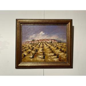 Oil On Canvas, "the Vineyard," Signed Marie-claude Trehet.