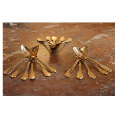 Sixteen (16) Vermeil Spoons (gold On Solid Silver), 449 Grams, Nineteenth