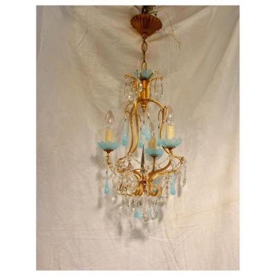 Chandelier With Blue Tassels In Glass And Opaline, 20th Century