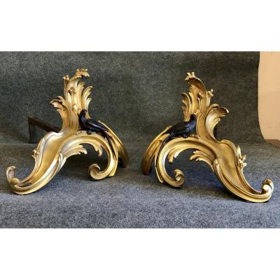 Pair Of Bronze Andirons Decorated With Vienna Bronzes, 19th Century