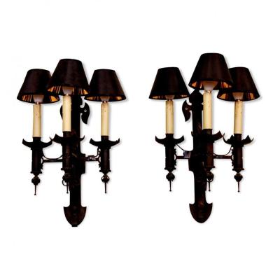 Pair Of Wrought Iron Sconces, 20th Century