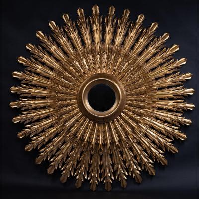 Miroir Soleil En Bois Doré, XXe Siècle 