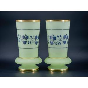 Pair Of Frosted Opaline Glass Vases, 19th Century