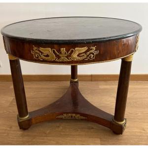Empire Pedestal Table In Mahogany Veneer Garnished With Chiseled And Gilded Bronze Top Black Marble Throat