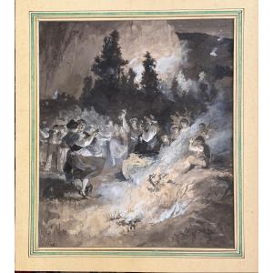 Louis Dunki (1856-1915) Gouache, The Village Festival