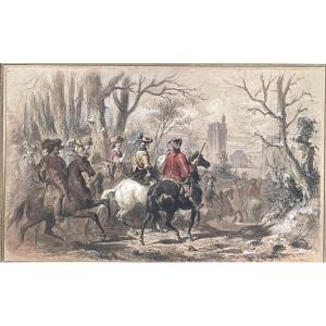 Gustave Roux 1828-1885 Horsemen Hunting Watercolor And Ink