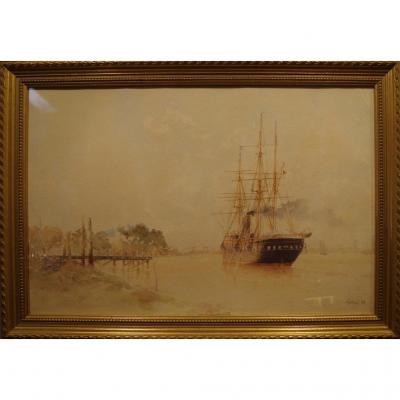 Alfred Benoit Caillaud (1858-1840) Watercolor Of A Three Mats Rising A River