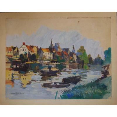 Lucien-victor-delpy (1898-1967) Gouache On Cardboard, Bord De Rivière