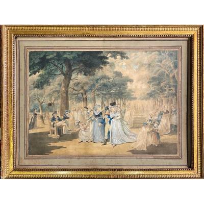 Aquarelle Deuxième Partie Du XVIIIème Promenade Dans Les Jardins Des Tuileries