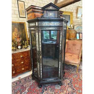 Renaissance Style Blackened Wood And Ivory Inlay Display Cabinet