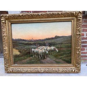 Oil On Canvas, French School Of The XIXth, Representing A Flock Of Sheep And Its Shepherd