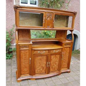 Large Two-body Buffet From The Art Nouveau Period, Nancy School, In Walnut And Elm Burl