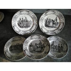 5  Assiettes  Faience  Fine  1820  Decor  Militaires  Signees  Creil