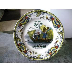 Polychrome Earthenware Plate Hunting / Fishing Decor From Creil