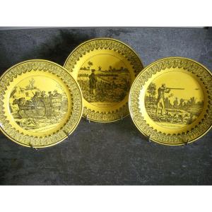 Three Fine Yellow Earthenware Plates Montereau Hunting Decor