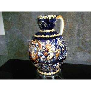 20th Century Earthenware Pitcher With “renaissance” Decor, Signed Gien