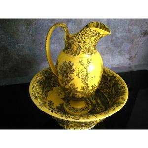 Elegant Ewer And Its Basin In Yellow Earthenware 1830 From Montereau