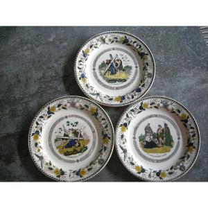 3 Fine Earthenware Plates 1830 Polychrome Montereau Decor