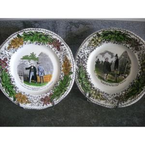 2 Polychrome Opaque Porcelain Plates 19th Century Creil Montereau