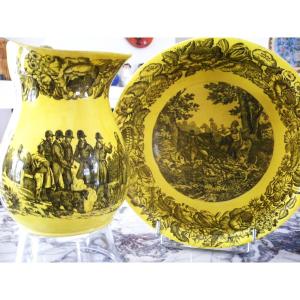 Yellow Earthenware Pitcher And Basin, Circa 1830, Decorated With A Hunting Scene  