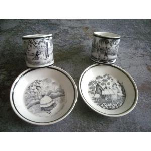 Two Cups And Saucers, Grisaille Decoration, 1824, Choisy Le Roi Factory