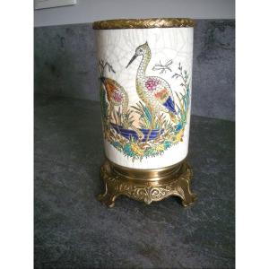 19th Century Vase In Longwy Enamels Mounted On Bronze.