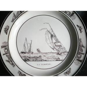 6 Earthenware Plates, 1804 Marine Design, From Choisy Le Roi