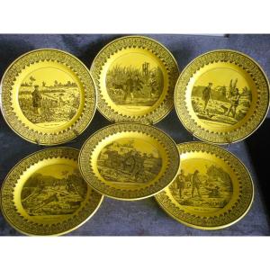 6 Assiettes Fine Faïence Jaune Décor Chasse 1825 From Montereau
