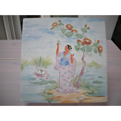 Carreau Faience XIXè Rehaussee Emaux De Creil Et Montereau