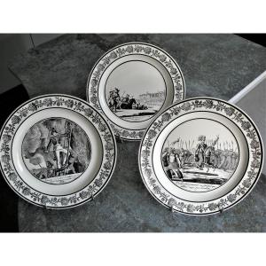 Three Fine Earthenware Plates 1824 Military Decor Signed Choisy