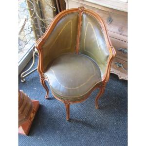 Small Louis XV Style Office Chair In Natural Wood Upholstered In Green Leather