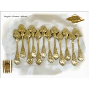 Veuve Augustine Jamet - "the Cutlery" - 12 Tea Or Dessert Spoons In Sterling Silver & Vermeil