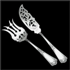 Puiforcat - Solid Silver Fish Serving Cutlery Engraved & Pierced 