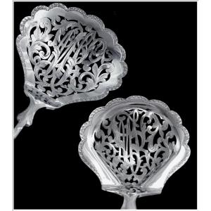 Boyer-callot & Puiforcat - Solid Silver Sugar Spoon And Fruit Scoop, Pierced And Engraved