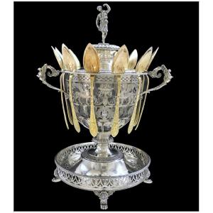 County Of Nice - Solid Silver Jam Pot & Silver And Vermeil Spoons With Empire-era Coat Of Arms