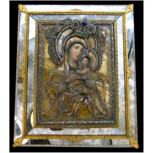 Russia - Moscow 1826 Virgin And Child Icon - Sterling Silver Riza